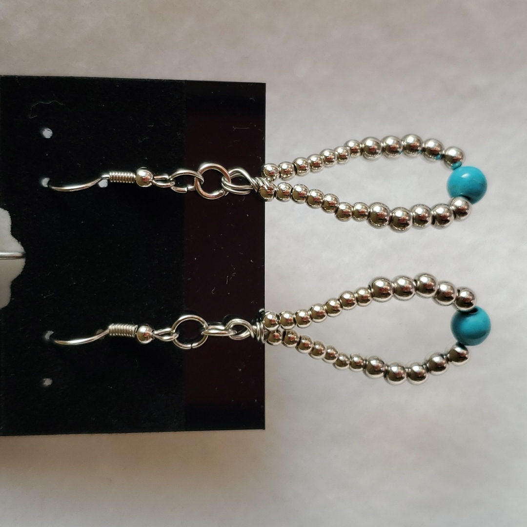 Womens Silver And Turquoise Beaded Teardrop Hook Earrings
